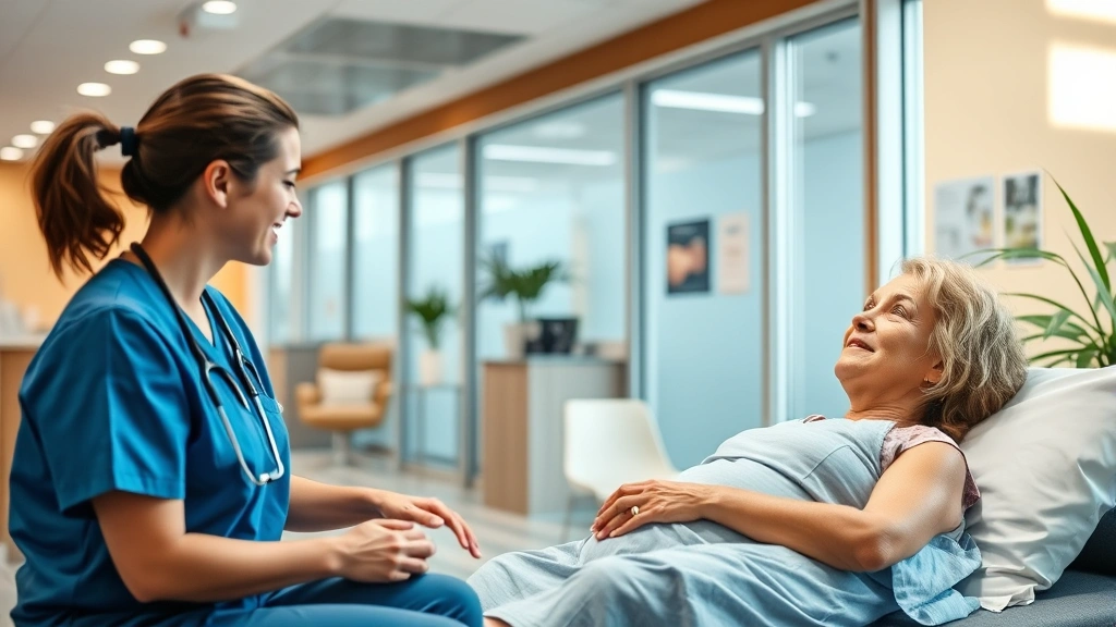 Patient receiving compassionate care from healthcare provider in comfortable clinical setting, modern medical facility interior, warm and welcoming atmosphere, professional medical staff interaction with patient