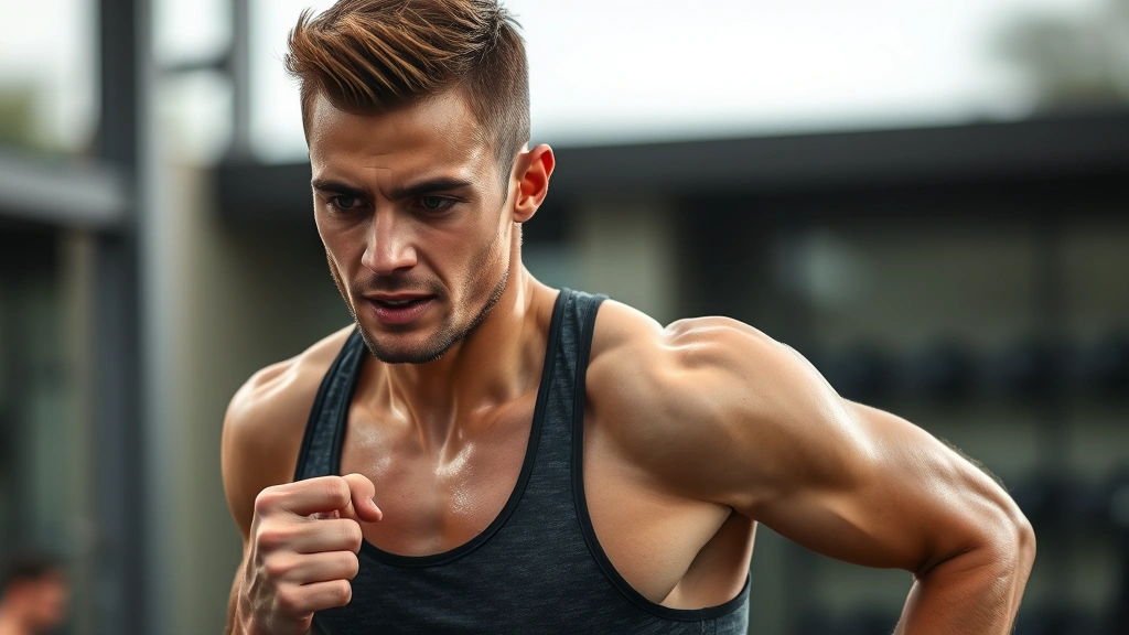 Fit athlete performing high-intensity cardio workout, sweat visible, determined expression, outdoor or gym setting showing cardiovascular conditioning in action