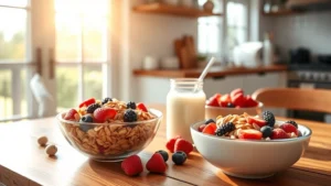 Bright morning kitchen scene with bowls of colorful whole grain cereal, fresh berries, and almond milk on a wooden table with sunlight streaming through windows, creating a warm, inviting breakfast atmosphere