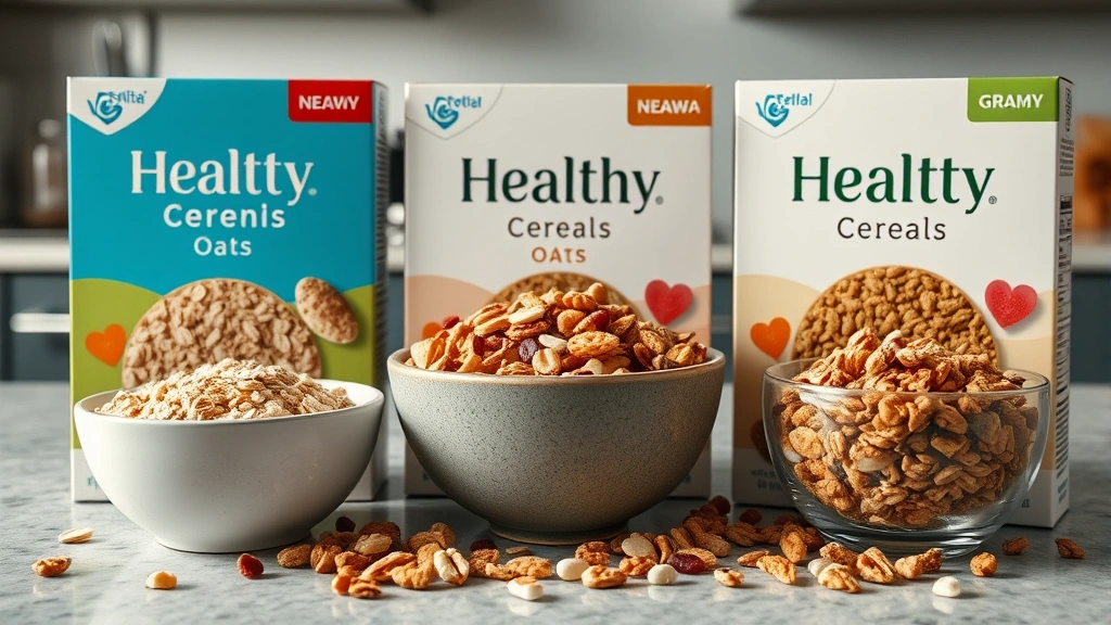 Close-up of three different healthy cereal boxes and bowls displaying their textures—oats, multigrain pieces, and granola clusters—arranged artfully with scattered nuts and dried fruit on a modern kitchen counter