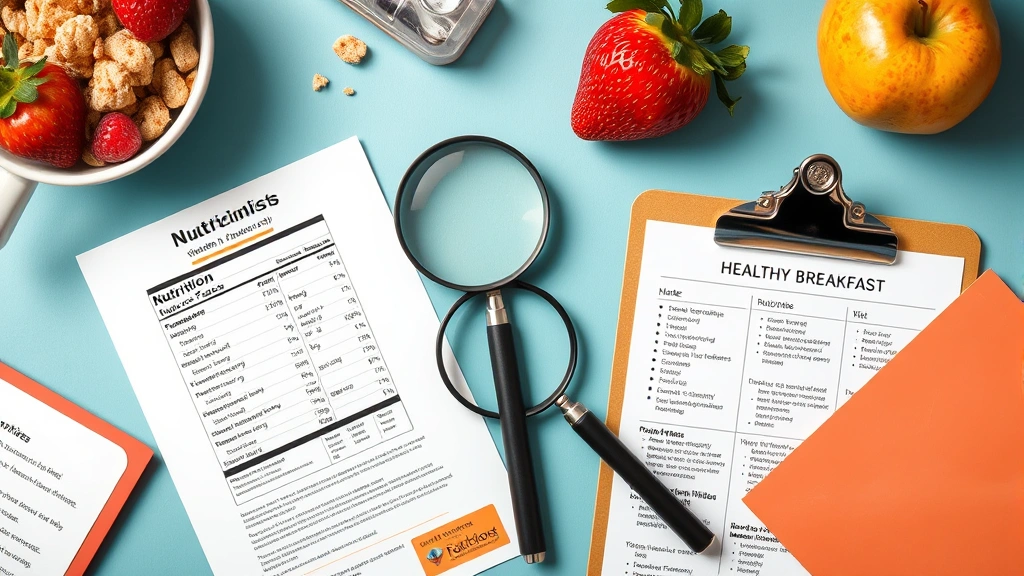 Overhead flat lay of a nutritionist's desk with cereal nutrition labels, a magnifying glass, fresh fruit, and a clipboard showing healthy breakfast guidelines, representing label-reading expertise and nutritional analysis