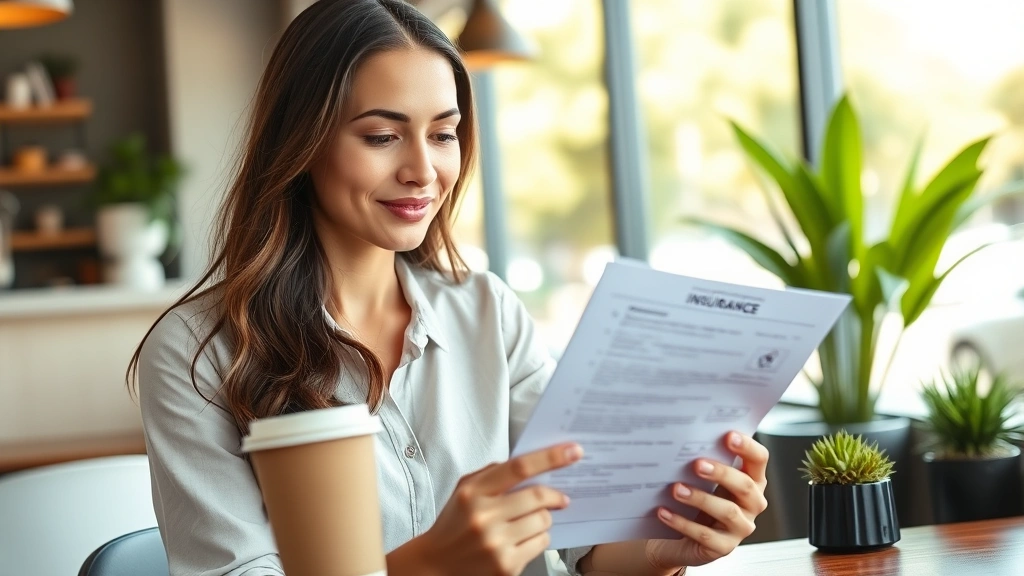 Young professional woman reviewing health insurance documents on tablet at modern coffee shop, natural morning light, healthy beverage nearby, focused expression, California urban setting