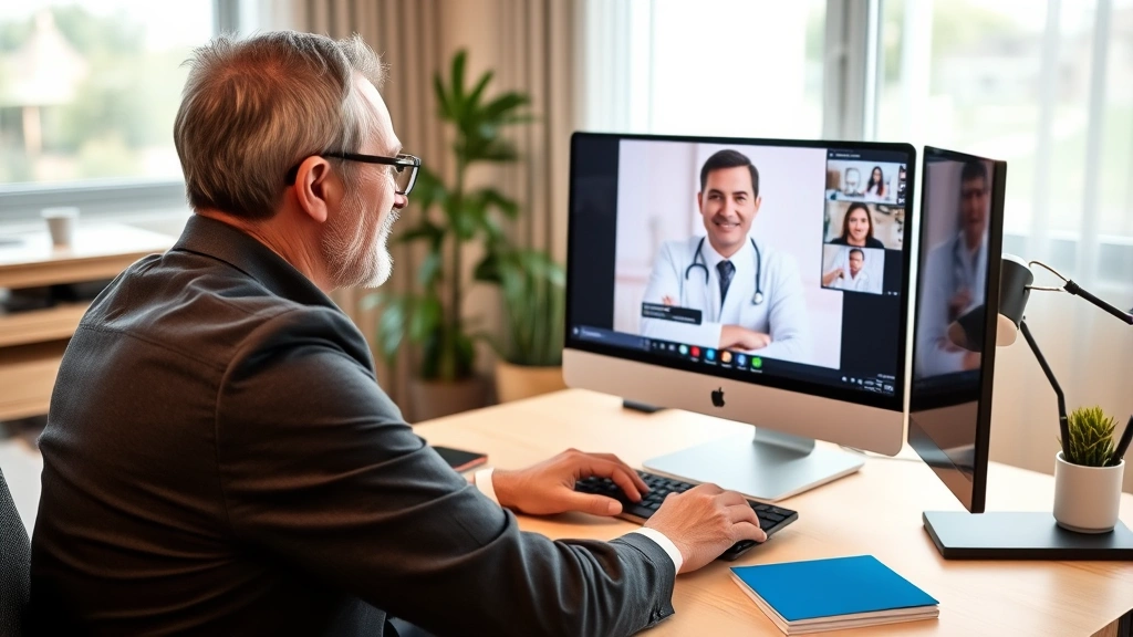 Middle-aged man having video consultation with healthcare provider on computer, home office setting, professional appearance, health insurance card visible on desk, modern contemporary space