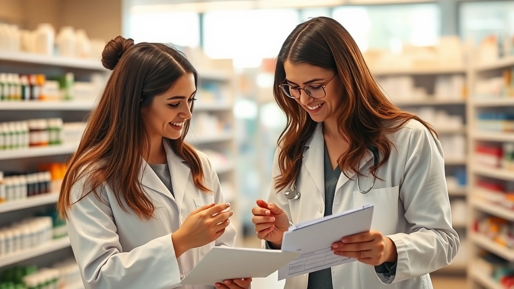 Professional female pharmacist in white coat reviewing medication bottles and health records with attentive patient in modern pharmacy setting, warm natural lighting, genuine consultation moment