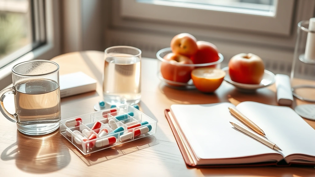 Organized morning routine scene: glass of water, medication organizer with daily pills, notebook, fresh fruits, and wellness journal on bright wooden table near window with soft sunlight