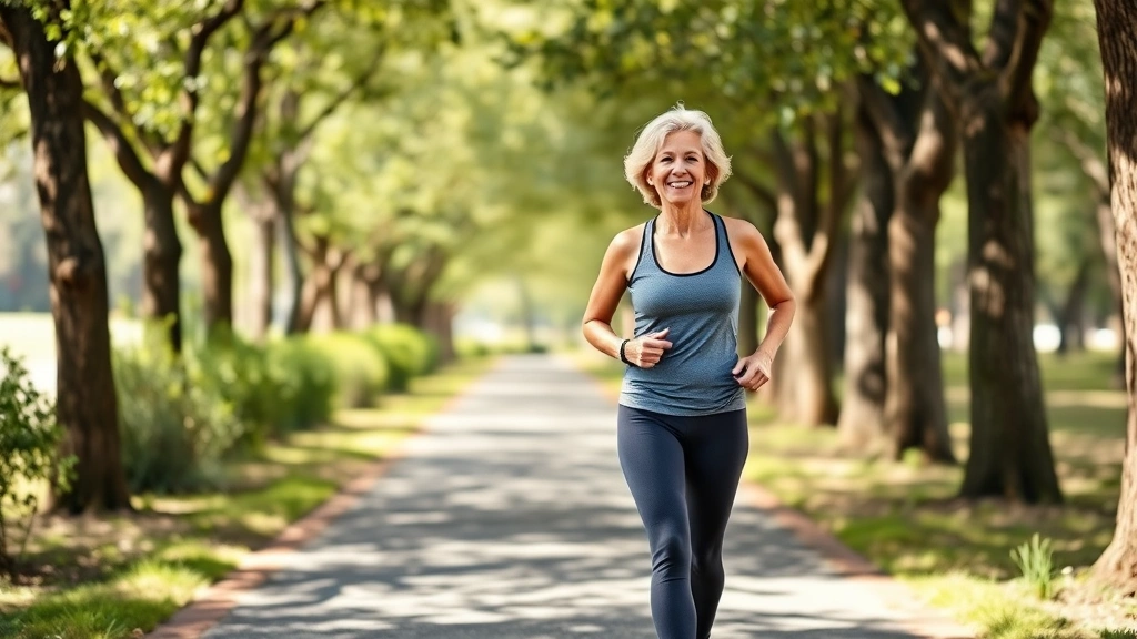 Active mature woman walking outdoors on tree-lined path, wearing comfortable athletic clothes, smiling, natural daylight, representing sustainable daily movement and wellness lifestyle
