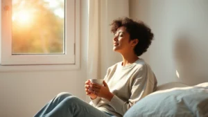 Serene person sitting peacefully in morning sunlight by window, holding warm beverage, peaceful expression, natural light streaming in, minimalist bedroom setting, photorealistic, lifestyle photography
