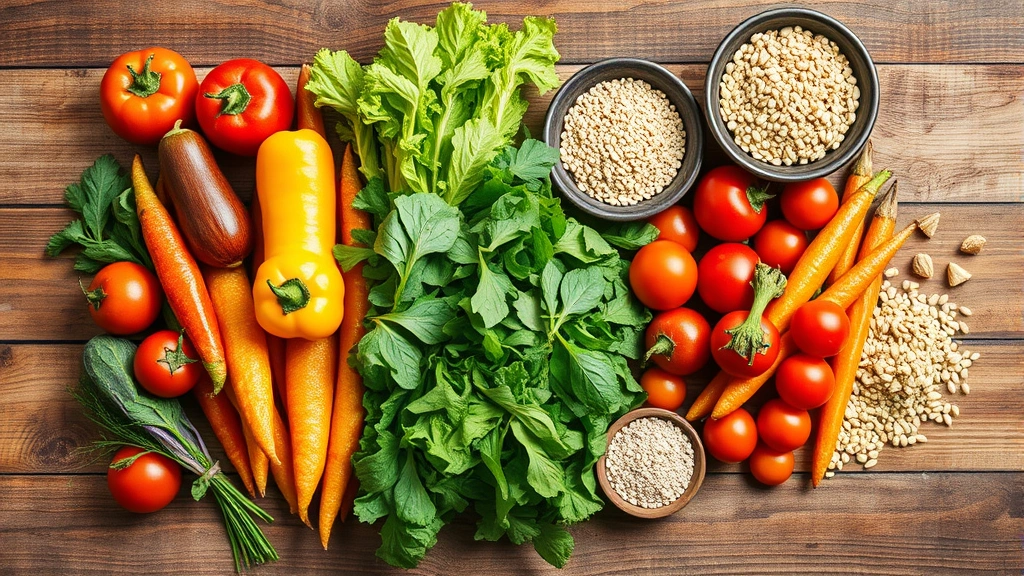 Overhead shot of colorful fresh vegetables and whole grains on wooden table, Mediterranean diet style arrangement, natural lighting, healthy food preparation scene, photorealistic lifestyle imagery
