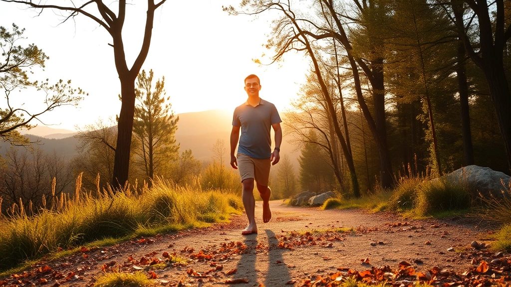 Person walking barefoot on peaceful nature trail at golden hour, surrounded by trees and natural landscape, calm expression, spiritual contemplation mood, photorealistic wellness photography