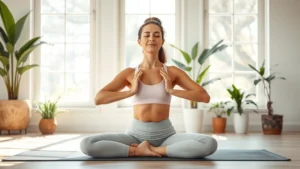 Woman in peaceful yoga pose on mat in sunlit room with plants, serene expression, comfortable athletic wear, morning light streaming through windows, minimalist wellness environment