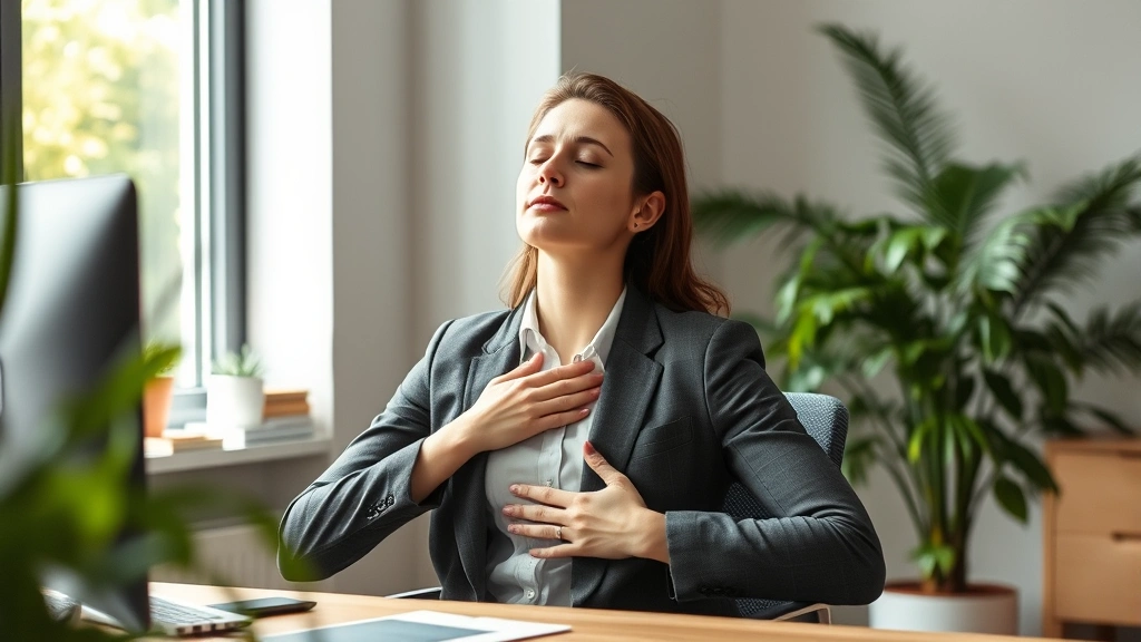 Professional in calm office space taking deep breathing break, hands on chest, relaxed posture, green plant nearby, natural lighting, tranquil workspace setup