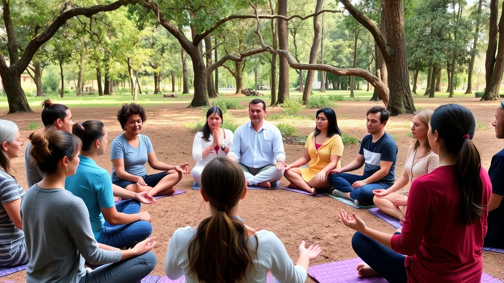 Group of diverse people meditating together in circle, peaceful expressions, comfortable clothing, natural outdoor setting with trees, mindful practice session, serene atmosphere