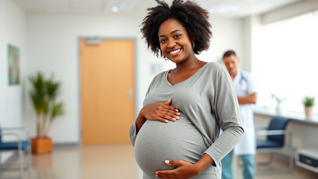 A pregnant Black woman in comfortable maternity wear smiling while holding her belly, standing in a bright, modern healthcare clinic with supportive healthcare provider visible in background
