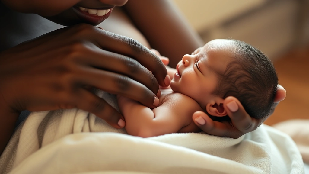 Close-up of Black mother's hands cradling newborn baby skin-to-skin, warm lighting, intimate postpartum bonding moment showing joy and connection