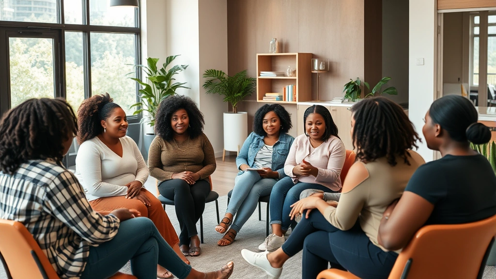 Diverse group of Black women sitting in supportive circle during community maternal health discussion, engaged conversation, modern community center setting with natural lighting