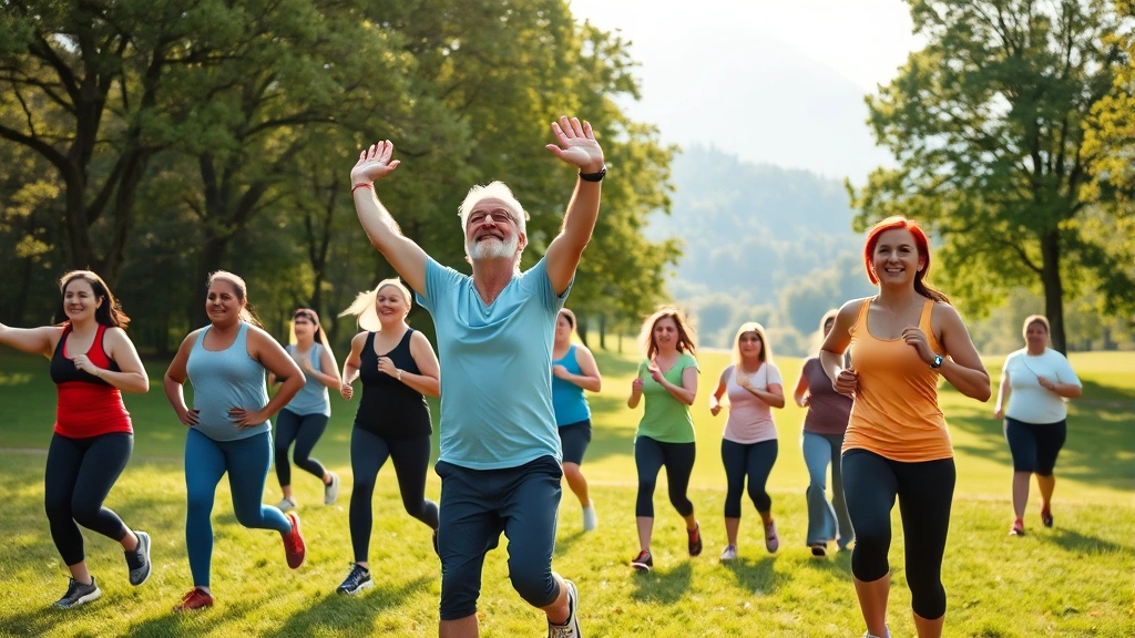 Diverse group of people exercising outdoors in a scenic valley park with trees and green grass, smiling and active during morning fitness class