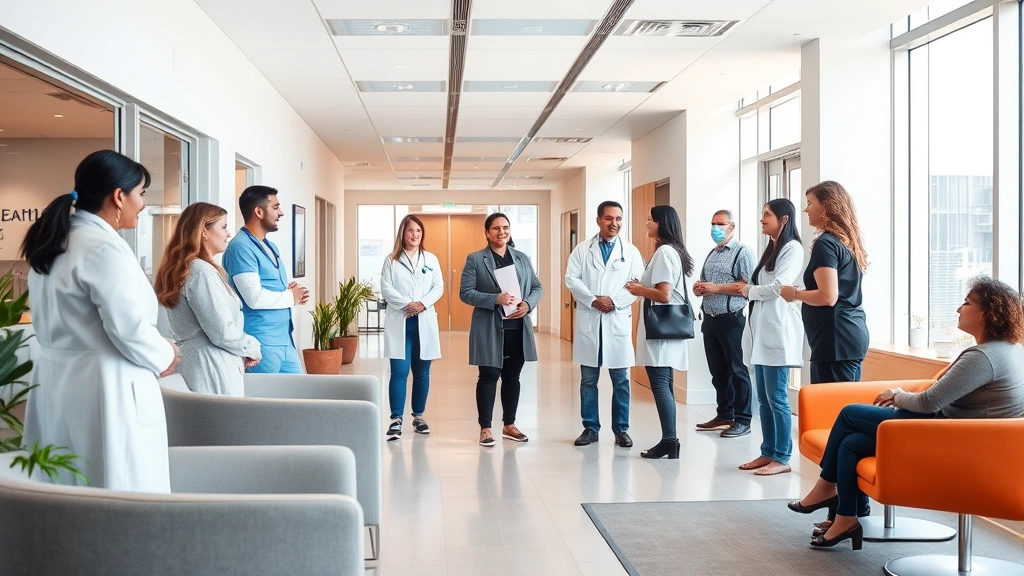 Modern healthcare facility interior with welcoming reception area, comfortable seating, natural lighting, and diverse medical staff greeting patients warmly