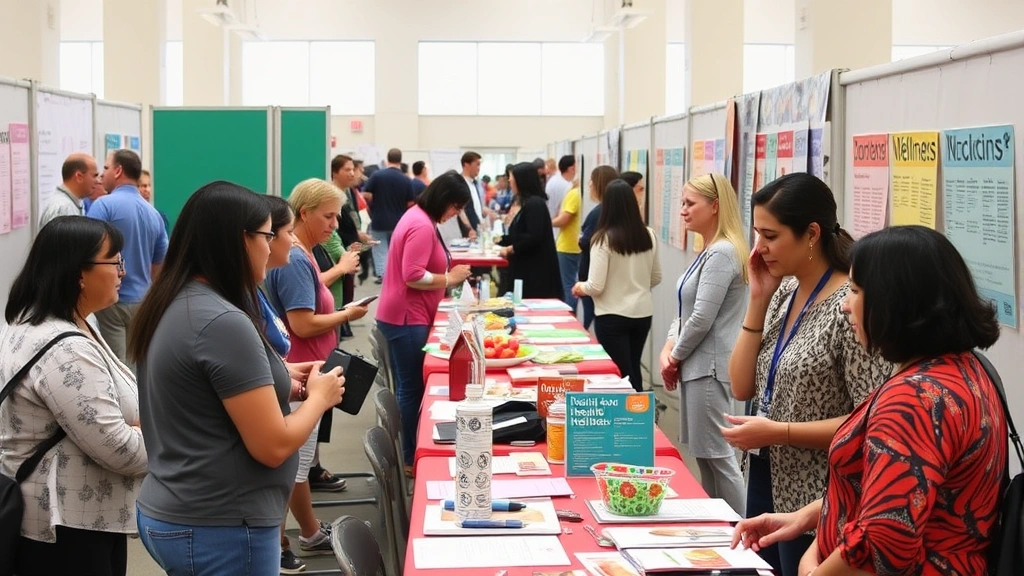 Community wellness fair with health screening booths, people getting blood pressure checked, nutritionists consulting, and colorful health education displays