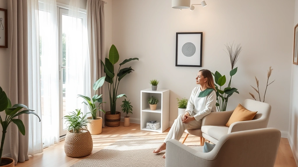 Calm therapist's office with soft lighting, comfortable seating, plants, and peaceful atmosphere—woman sitting in welcoming counseling room