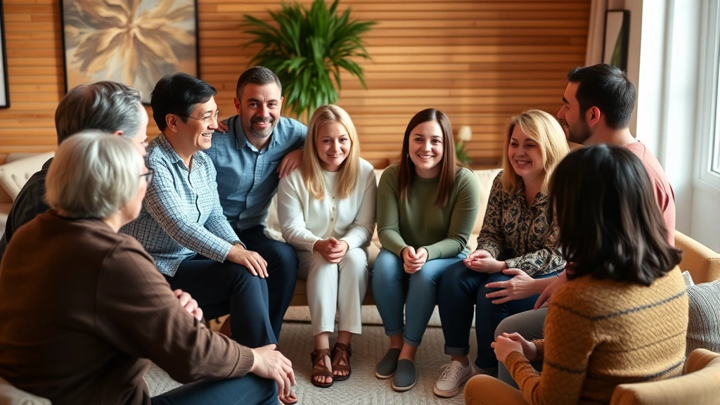 Diverse group therapy session in circle formation, people supporting each other with genuine expressions, warm lighting, comfortable setting