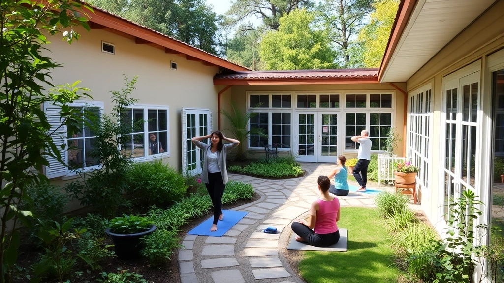 Peaceful wellness center courtyard with garden, walking paths, natural light, people practicing yoga or meditation outdoors in serene environment