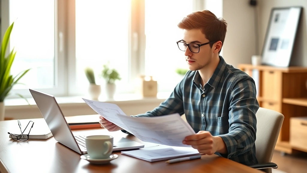 Young professional reviewing financial documents and HSA statements at a modern home office desk with laptop and coffee, natural sunlight streaming through windows, calm focused expression