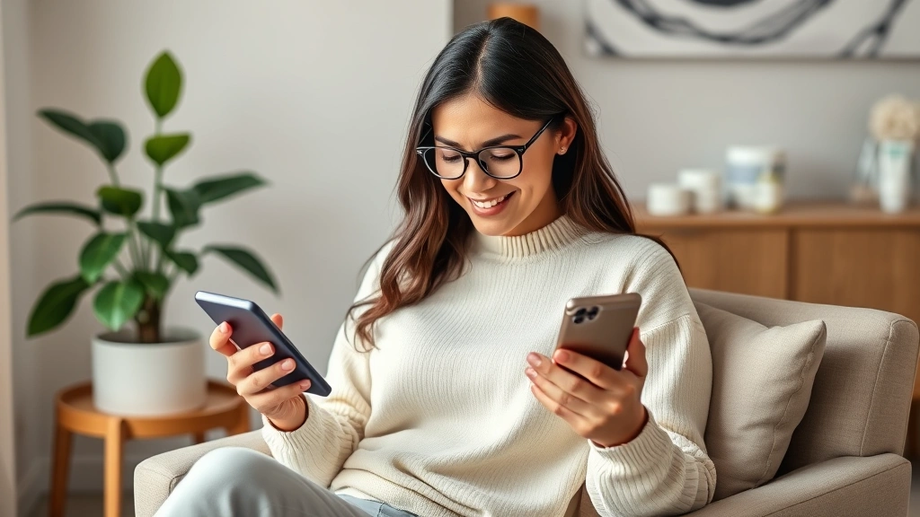 Woman checking investment portfolio on smartphone while sitting in a comfortable chair at home, confident expression, modern minimalist background with plant and wellness items visible