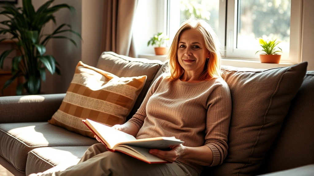Woman sitting on comfortable couch with open book, warm sunlight streaming through window, peaceful expression, cozy living room with plants, natural lighting, relaxed posture
