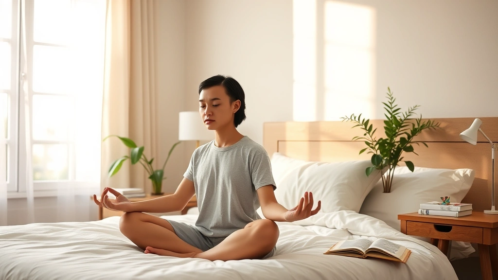 Person meditating peacefully in bright bedroom, book on nightstand, morning light, serene expression, comfortable setting suggesting mental wellness routine and personal growth