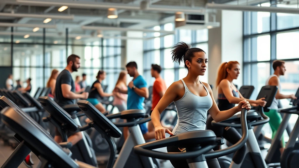 Modern gym interior with diverse members using cardio equipment, bright lighting, contemporary fitness facility with floor-to-ceiling windows, motivational atmosphere, professional gym setting
