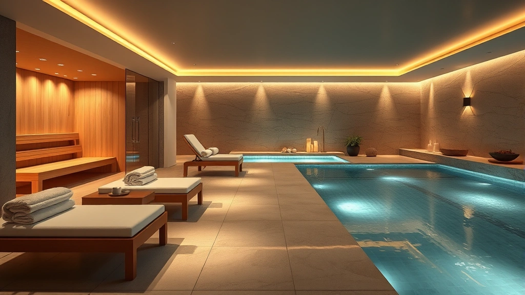 Luxury spa and recovery area with sauna and steam room, plush towel service, relaxation lounges, warm ambient lighting, premium wellness amenities, peaceful recovery space