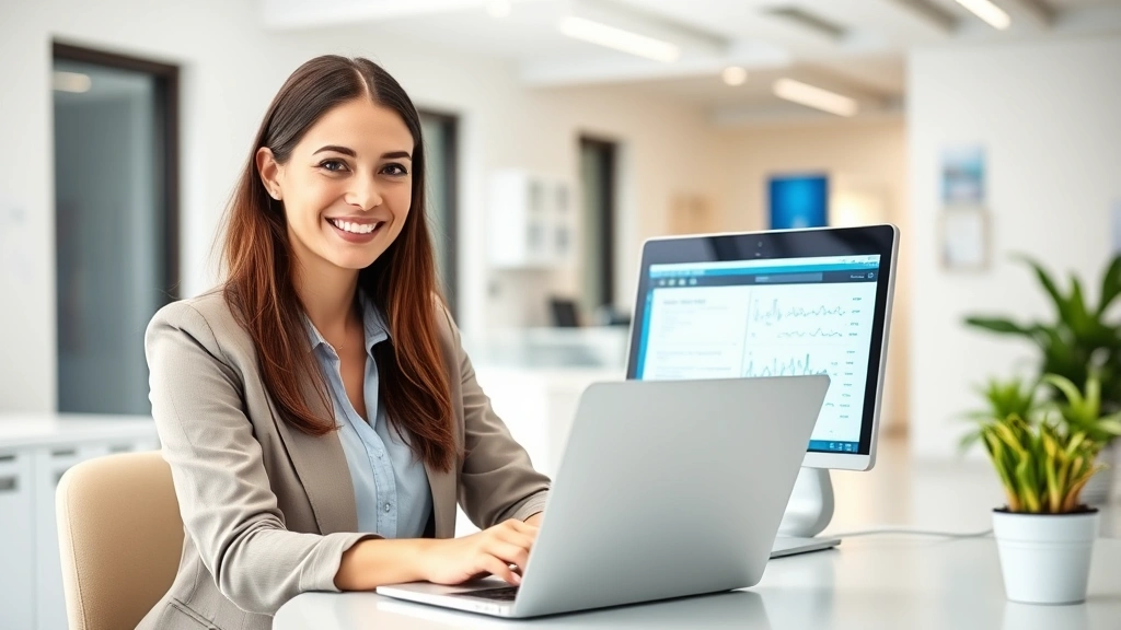 Professional woman sitting at desk with laptop, smiling while viewing medical charts on screen, modern medical office background, natural lighting, casual business attire, confident expression