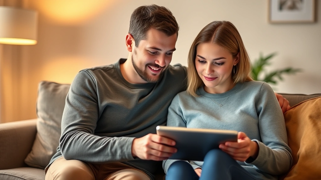 Young couple reviewing health information together on tablet device in comfortable home setting, warm lighting, casual clothing, focused and engaged expressions, wellness-focused atmosphere