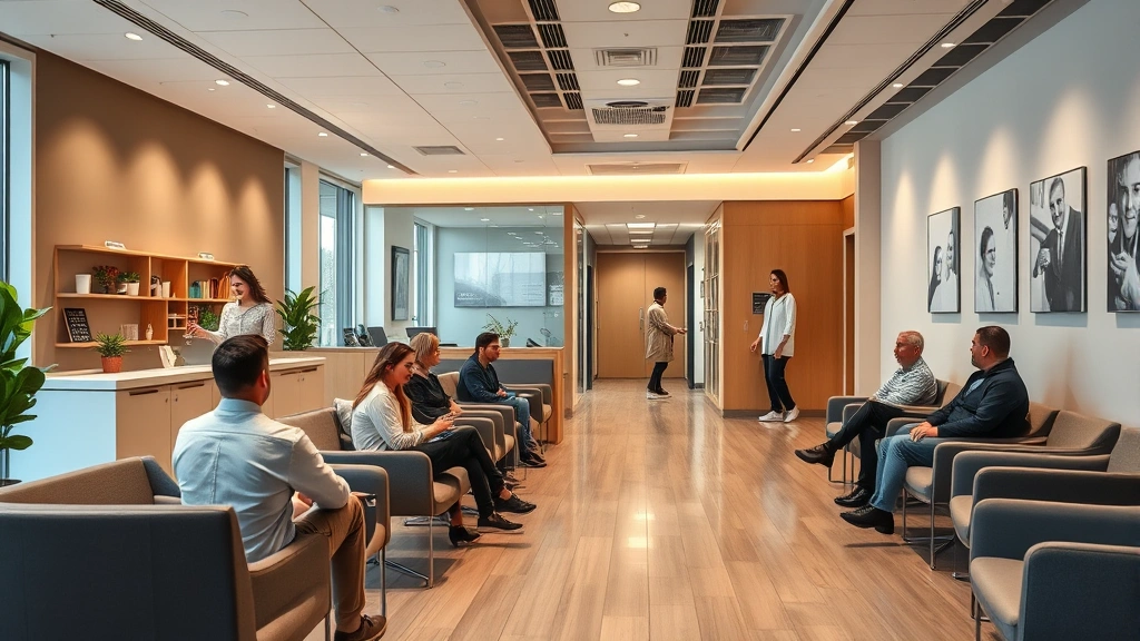 Modern medical office waiting room with warm lighting, comfortable seating, diverse patients checking in at reception desk, welcoming atmosphere, contemporary healthcare facility