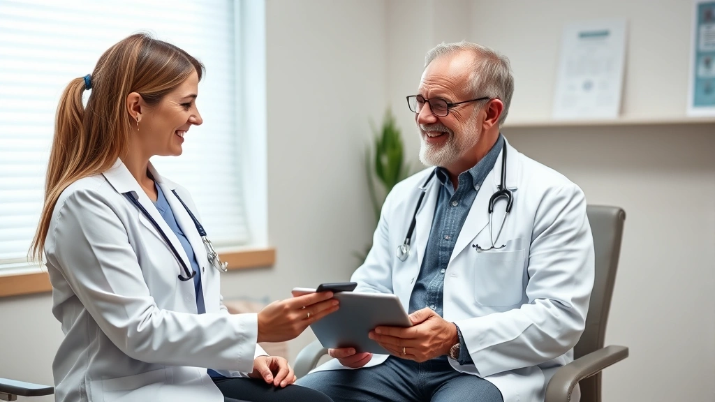 Female doctor in white coat consulting with middle-aged male patient in examination room, both smiling, digital tablet showing health records, professional compassionate care environment