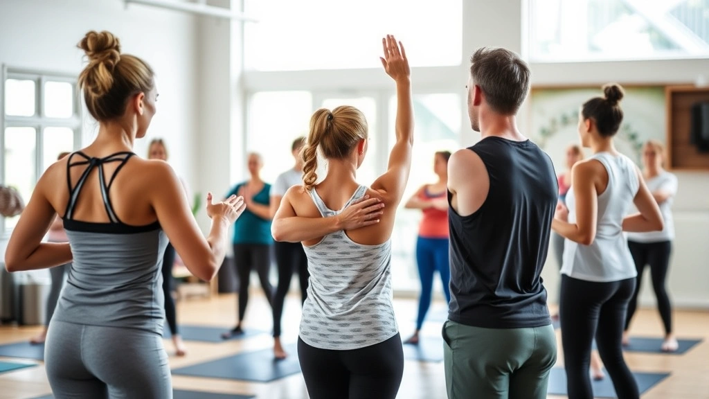 Diverse group of people in fitness class at wellness center, instructor leading yoga or exercise, bright natural lighting, healthy lifestyle, community wellness program