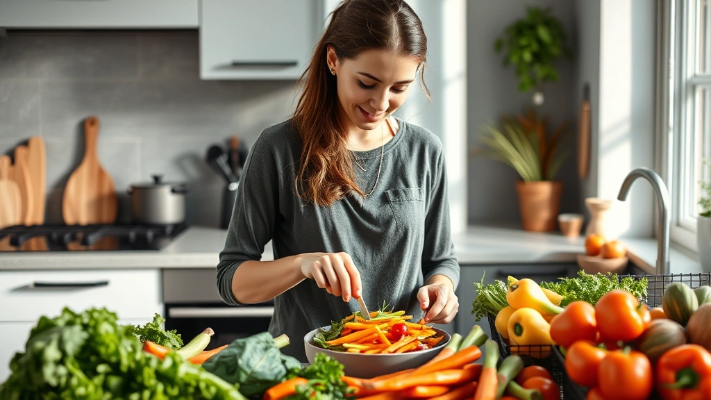 Woman preparing colorful nutritious meal in contemporary kitchen, fresh vegetables and healthy ingredients visible, natural daylight, mindful eating lifestyle photograph