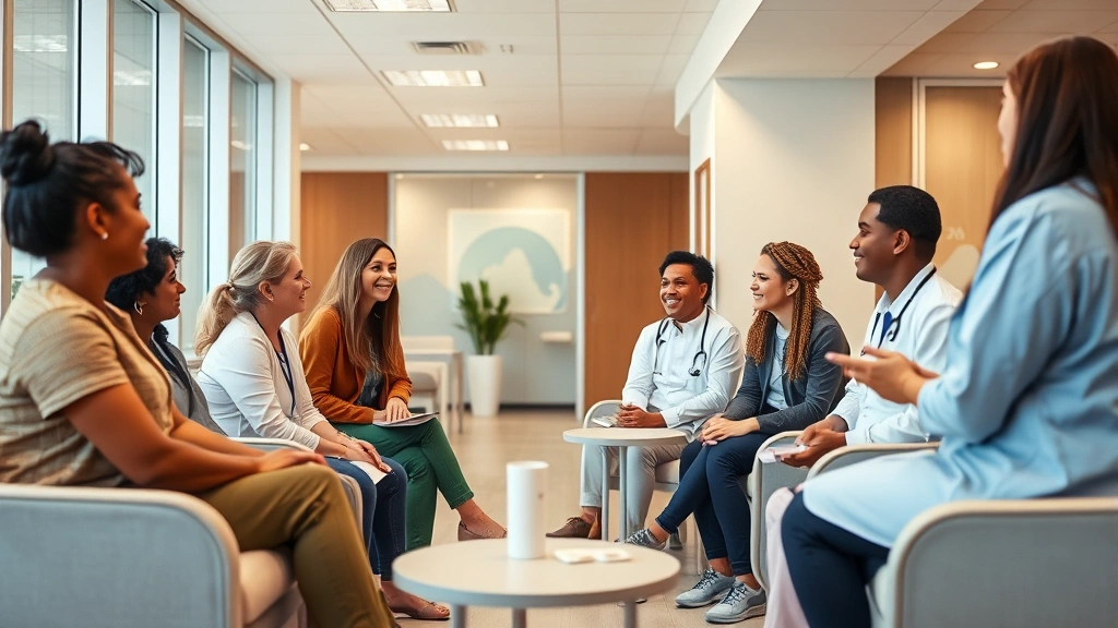 Diverse patients and healthcare providers collaborating in a modern, welcoming clinic waiting room with warm lighting, comfortable seating, and friendly staff interaction