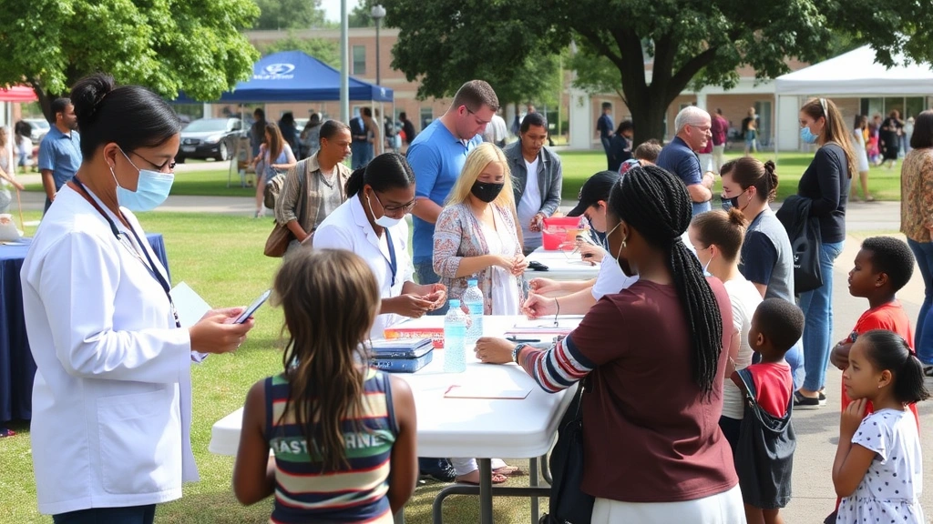 Community health fair with multiple screening stations, medical professionals taking blood pressure and conducting health assessments for diverse adults and children outdoors