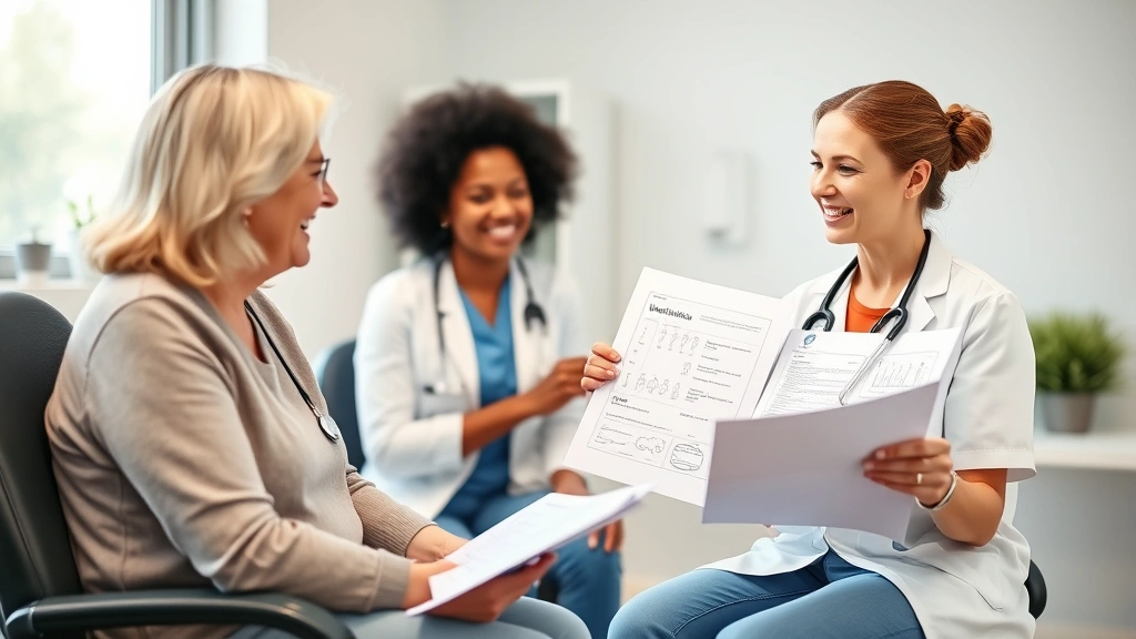 Compassionate nurse practitioner conducting wellness appointment with patient in bright clinical exam room, showing medical charts and discussing preventive care options