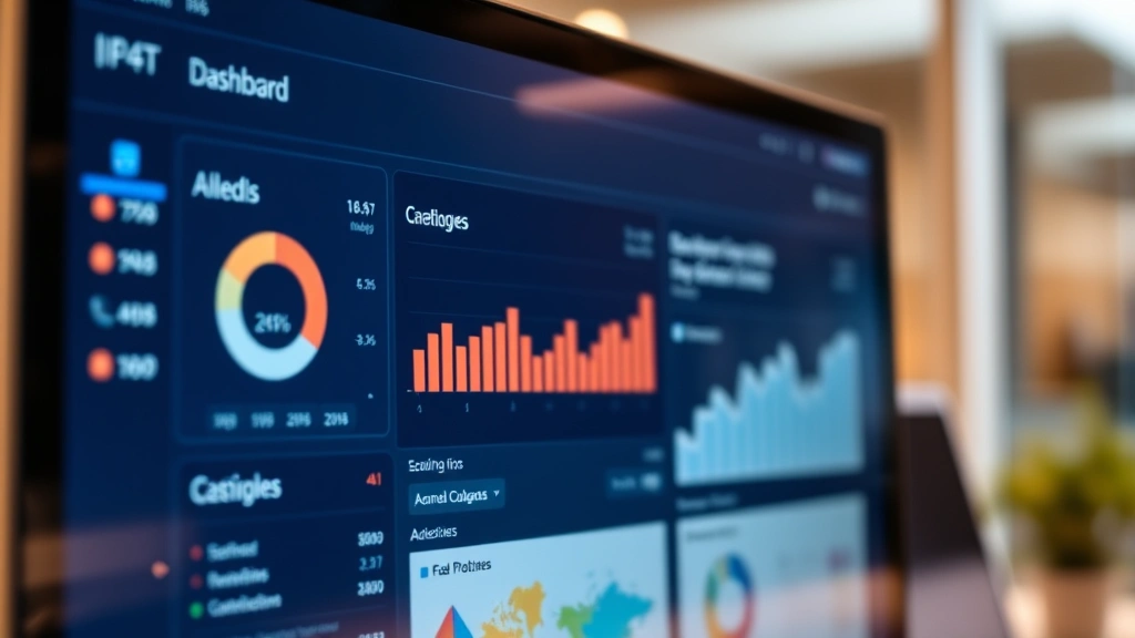 Close-up of computer screen showing employee portal dashboard with charts and information graphics, warm office lighting, blurred background, professional interface design visible