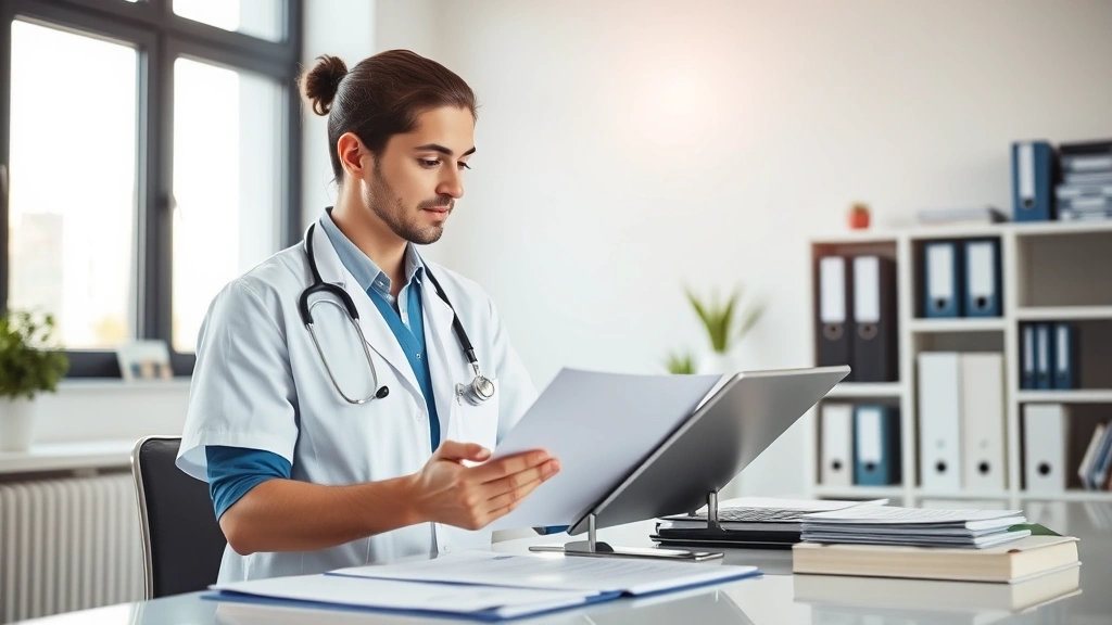 Healthcare professional reviewing documents and tablet together, natural daylight through office window, organized workspace with files, calm professional atmosphere, modern healthcare setting