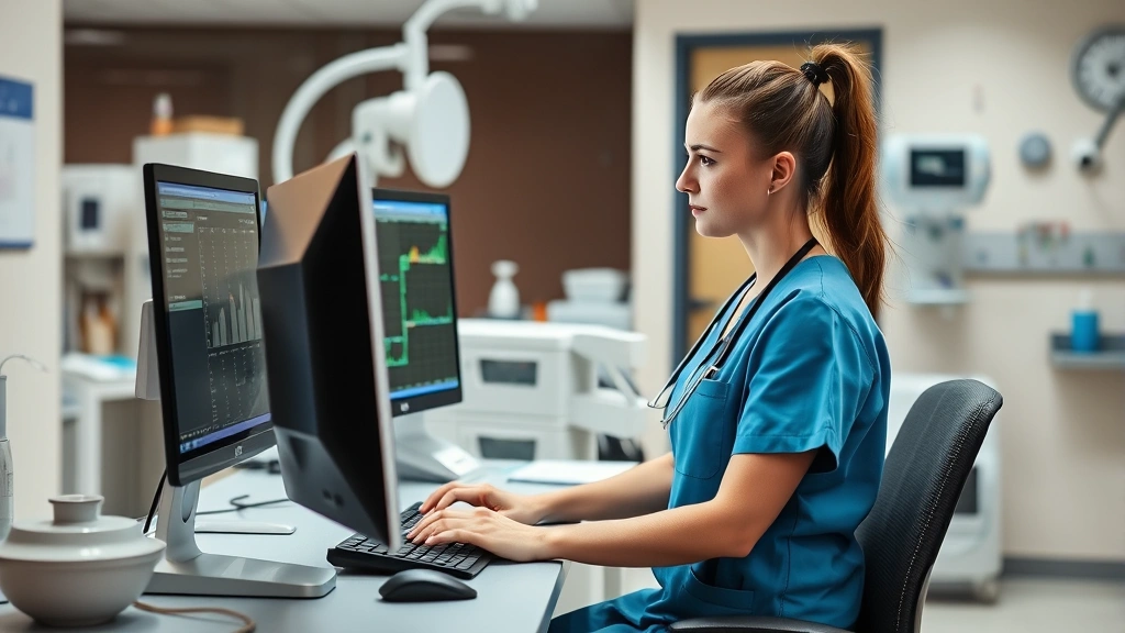Nurse or healthcare professional at computer workstation reviewing patient records, focused professional in medical scrubs in modern healthcare facility, organized clinical workspace with medical equipment visible