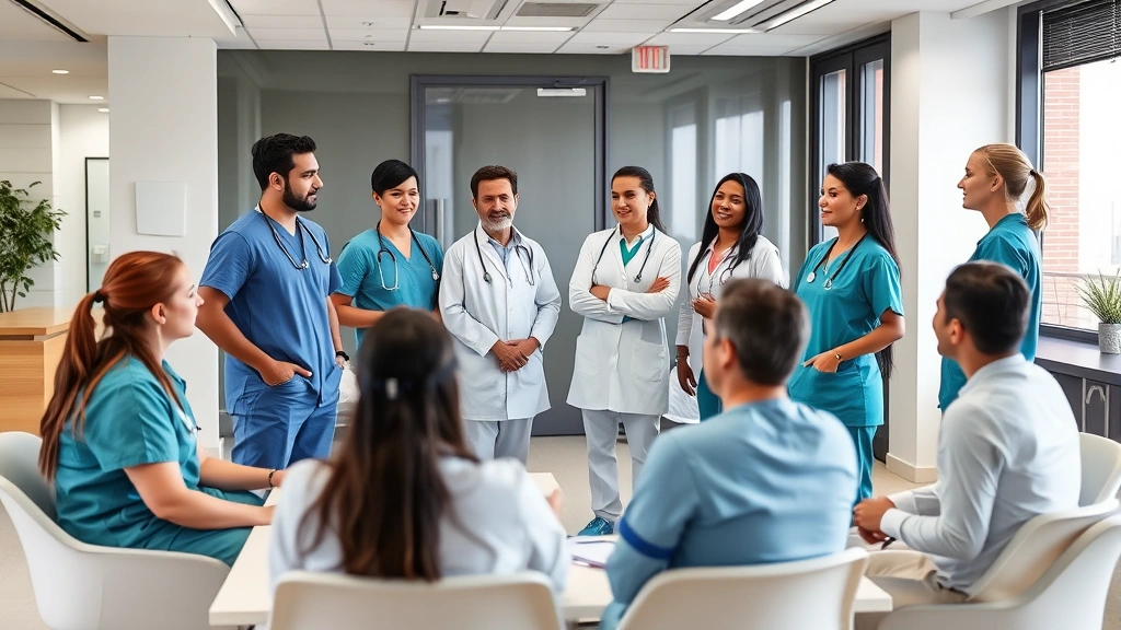 Group of healthcare workers in meeting or training session, diverse team engaged in professional development, collaborative workplace environment, modern conference room in healthcare facility setting