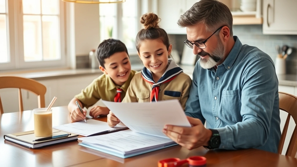 Parent and scout sitting at kitchen table reviewing medical documents and health form together, warm natural lighting, organized paperwork visible, supportive family moment