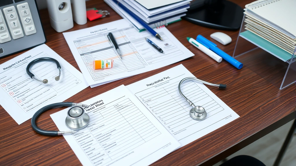 Healthcare provider's desk with stethoscope, prescription pad, vaccination records, and BSA health form, professional medical office setting, organized medical documentation