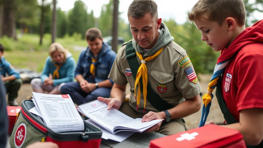 Scout leader reviewing health forms at camp with first aid kit visible, outdoor setting, focused expression, ensuring participant safety and preparedness