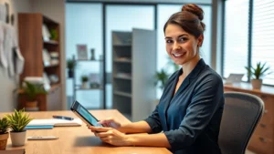Professional woman using tablet at modern healthcare clinic desk, warm lighting, organized medical office environment, confident expression, digital health management interface visible on screen