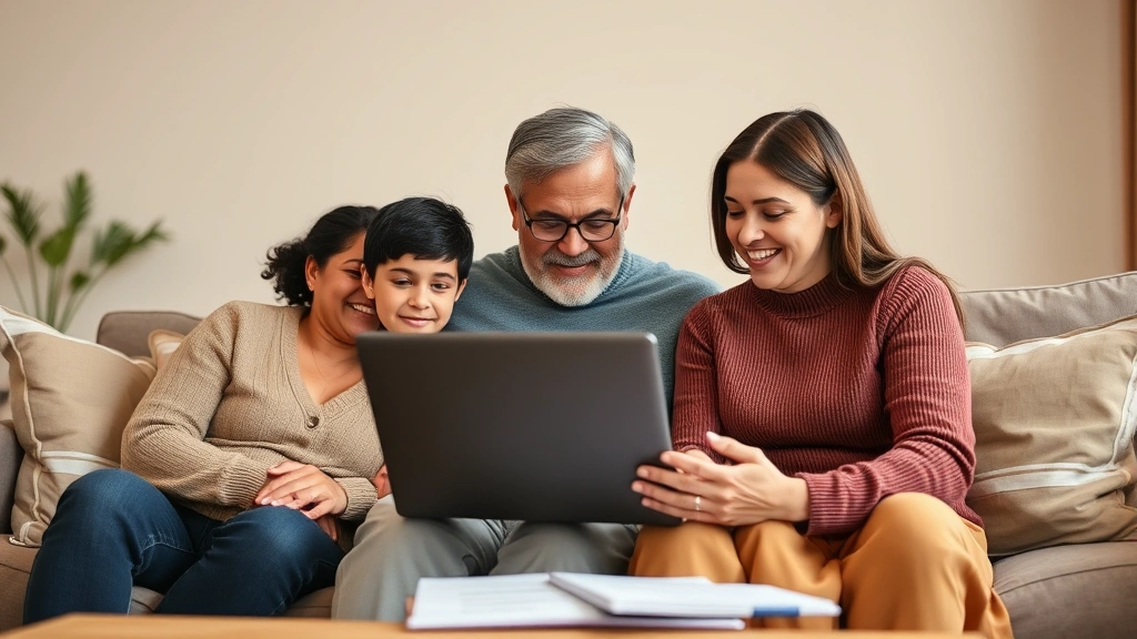 Family sitting together at home reviewing medical records on laptop, relaxed living room setting, warm neutral tones, collaborative healthcare decision-making moment, diverse group
