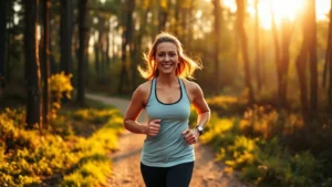 Woman jogging on sunny forest trail at golden hour, athletic wear, peaceful expression, natural lighting, trees and path visible